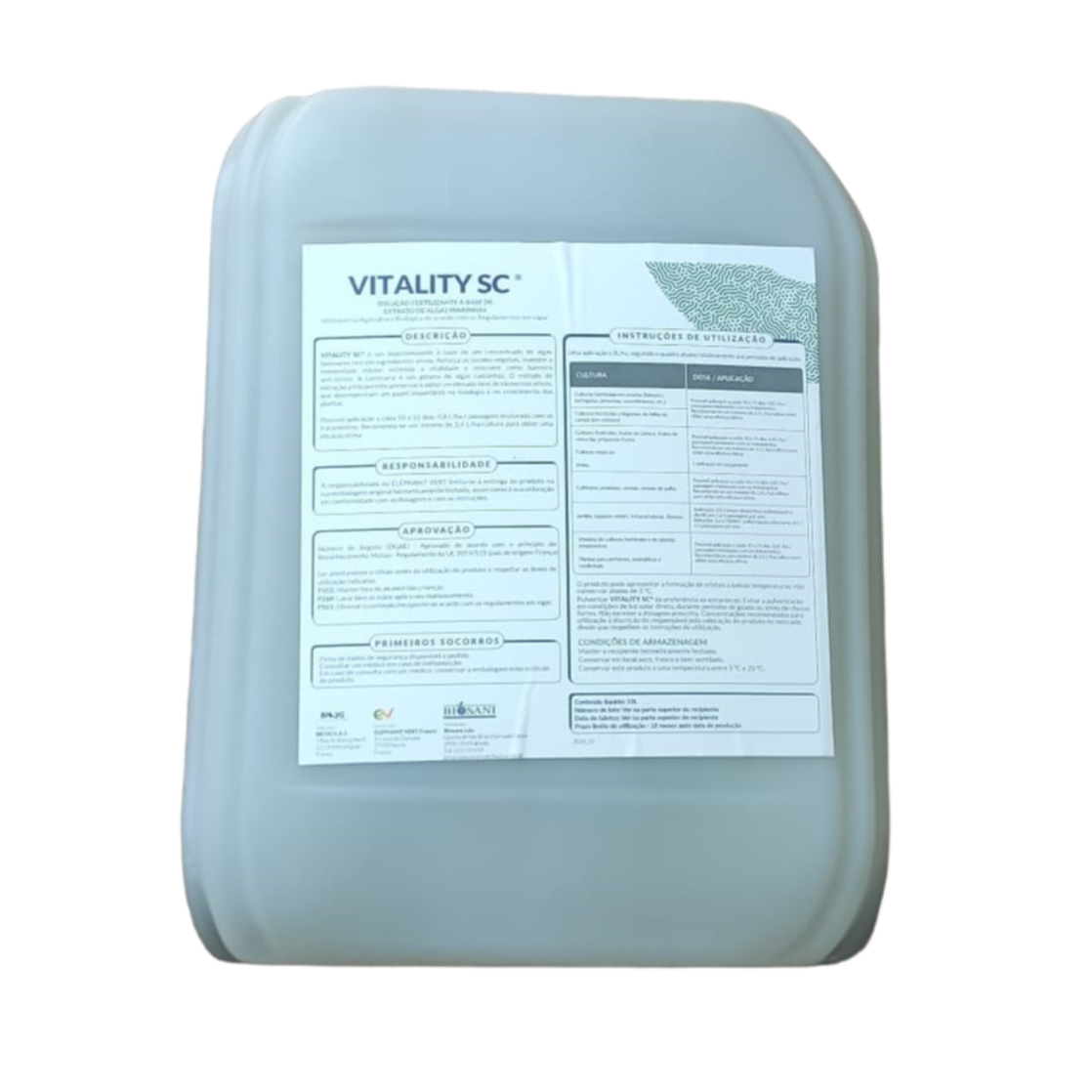 Embalagem VITALITY® (10L) - Rótulo verso